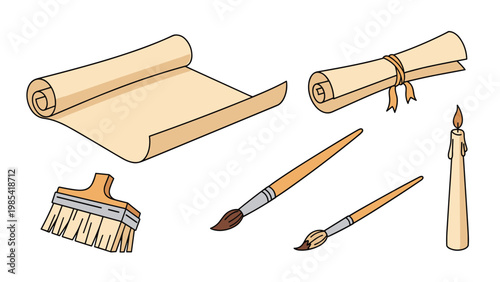 Vintage writing materials featuring aged parchment scrolls, various artist brushes, and a lit candle with a small flame.