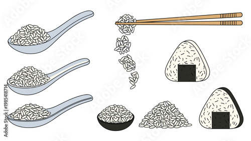 Comprehensive collection of rice themed illustrations including bowls, spoons, chopsticks, onigiri rice balls, and rice piles.