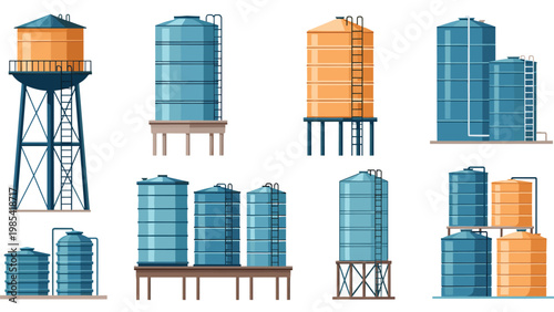 Assorted industrial storage tanks for water and liquids in blue and orange colors with access ladders and platforms.