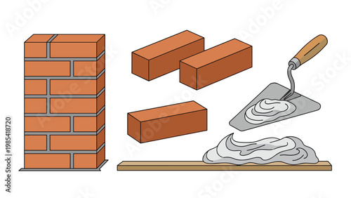 Construction equipment for professional bricklaying featuring a red brick wall, loose bricks, and a trowel with wet mortar.