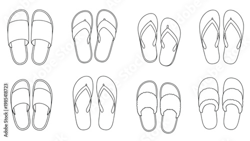 Eight different styles of slippers and flip-flops for indoor and outdoor use depicted as clean black and white line art.