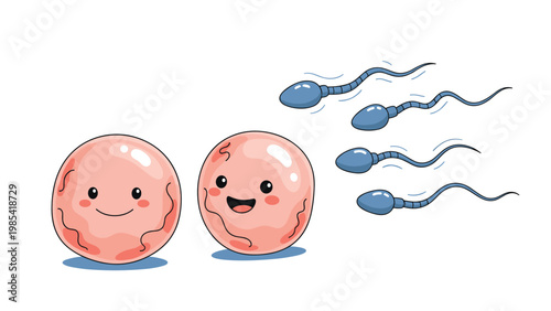 Cute cartoon depiction of the human fertilization process featuring smiling egg cells and several swimming sperm cells.