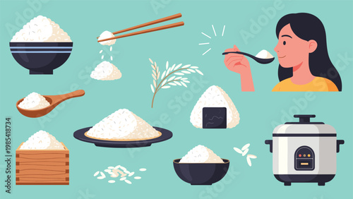 Diverse collection of rice themed illustrations including a modern rice cooker, onigiri, grains, and a person eating.