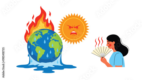 Powerful illustration of global warming featuring a melting Earth globe on fire and a woman cooling herself with a fan.