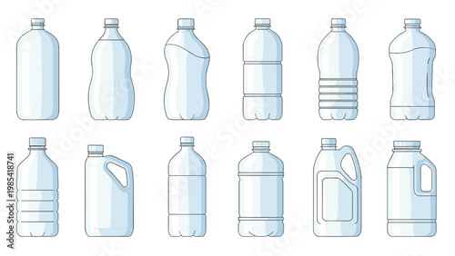 Set of twelve clear plastic bottles in various shapes and sizes for liquid products like drinking water or detergents.