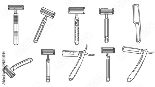 Collection of ten diverse razors and shaving instruments for grooming presented as clean black and white line art.