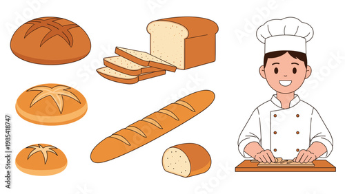 Young male baker preparing dough on a wooden board next to a collection of various fresh breads including a long baguette.