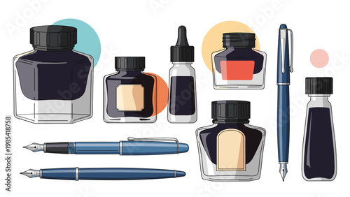 Elegant collection of fountain pens and ink bottles in different sizes and colors for professional calligraphy and writing.