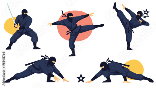 Dynamic set of five ninja characters in various martial arts action poses including stealthy crouching and high kicks.