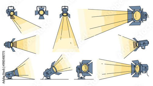 Collection of ten professional studio and stage spotlights shown from various angles with bright yellow light beams on white.