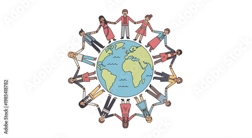 Doodle Diverse People Holding Hands Around Globe Illustration Graphic Design