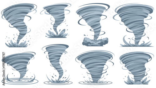 Collection of eight powerful tornado and wind storm illustrations with rotating funnels and debris at the base on white.