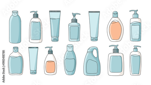 Set of fourteen cosmetic and personal care product containers such as bottles and tubes in soft blue and peach tones.