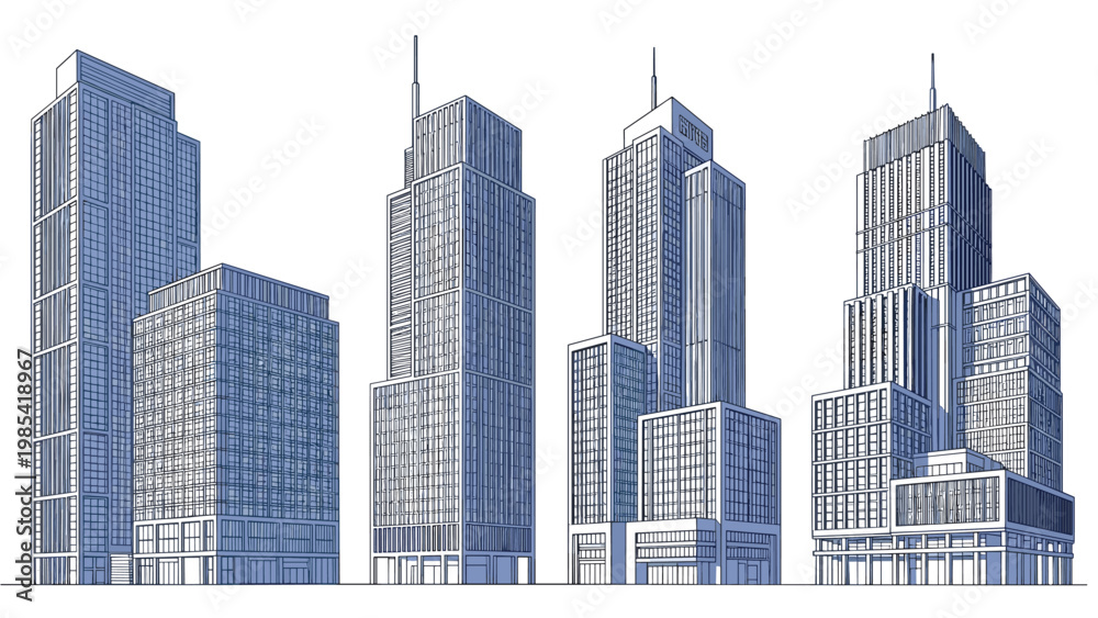 Fototapeta premium Group of modern skyscraper sketches with tall glass facades and antennas representing a busy city business district or urban skyline design.