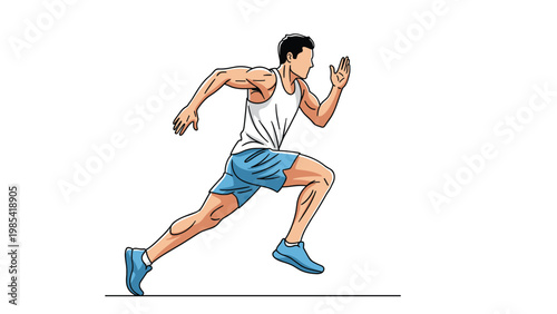 Dynamic illustration of a male athlete in mid-sprint wearing a white tank top and blue running shorts to showcase speed and athletic performance.