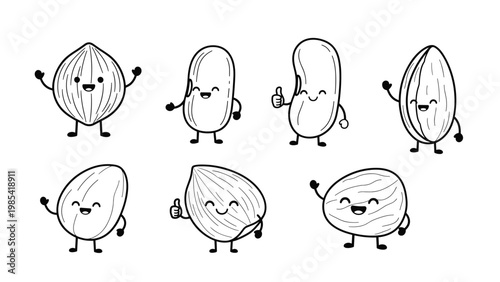 Set of various nut and bean characters with cute faces performing different actions and gestures in a simple black and white line art style.