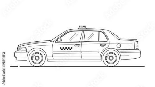Black and white line drawing of a taxi car showing the side profile with the taxi sign on top and checkerboard patterns on the front door.
