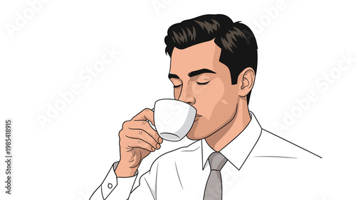 Close-up illustration of a professional man in a white shirt and tie enjoying a cup of hot coffee or tea with a calm and relaxed expression.