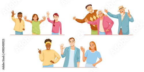 Groups of people of different ages waving in cartoon style on white background, expressing unity connection. Vector illustration