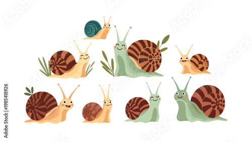 Group of cute snail illustrations with different shell patterns and friendly facial expressions shown in a garden setting with green leaves.