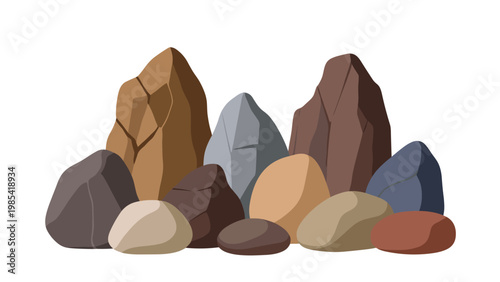 Illustration of a pile of various rocks and stones in different shapes, sizes, and natural earth tones for landscaping and nature-themed art.