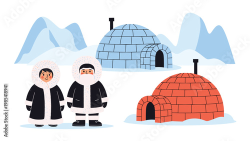 Illustration of Inuit people in traditional winter clothing standing near igloos in a vast snowy mountain landscape under a bright white sky.