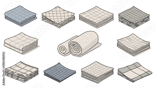 Variety of folded and rolled cloth napkins or towels with different plaid and checkered patterns in various neutral and cool color tones.