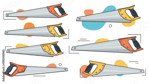 Set of hand saw illustrations with different handle colors and blade shapes for various woodworking, carpentry, and construction applications.