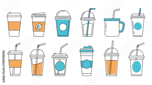 Collection of various disposable and reusable coffee and drink cups with straws and sleeves in different designs for cafe and beverage themes.