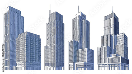 Group of modern skyscraper sketches with tall glass facades and antennas representing a busy city business district or urban skyline design.