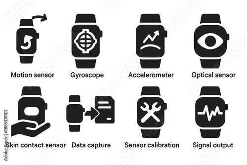Wearable Sensors Icons. Wearable sensors. Filled icon set of Wearable sensors: motion sensor, gyroscope,