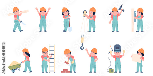 Kids builders characters. Little architects, surveyors, welders in uniform with equipment. Children hold construction tools, making repair, recent vector set