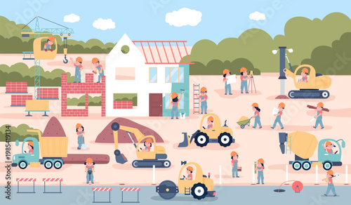 Children at construction site. Kids with building equipment and special transport builds house from bricks. Outdoor professional playground, recent vector scene