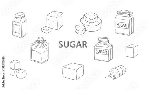 Hand drawn sugar cubes and jars with sugar text bottles food