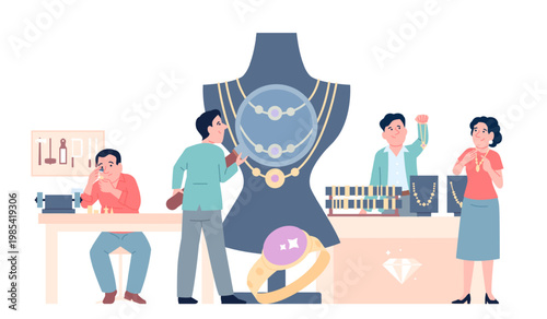 Jewelry industry. Creation, evaluation and sale of gold and silver jewelries. People working with metals and gemstones. Jeweler, seller, appraiser, recent vector concept