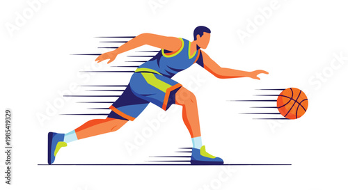 Illustration of a basketball player in motion, dribbling a ball with motion lines, in a blue uniform with yellow accents on a white background.