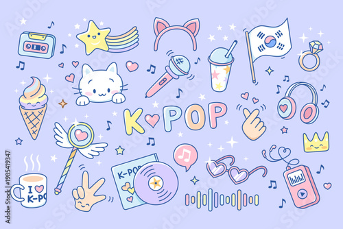 K-pop elements. Colorful stickers korean pop culture style. Funny kitten, ice cream, music disk, headphones. Trendy icons for diary, planners, tidy vector set