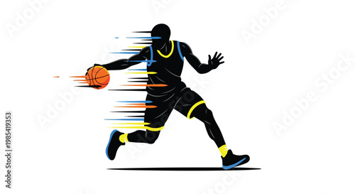 A basketball player in a black uniform with yellow accents running and dribbling a ball with motion lines behind him on a white background.