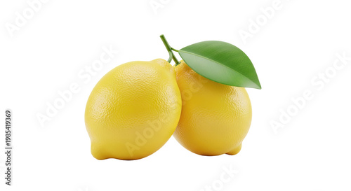 Two ripe lemons with a green leaf on a white background