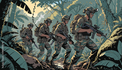 A group of soldiers in camouflage gear and helmets walking through a dense jungle with rifles and backpacks.