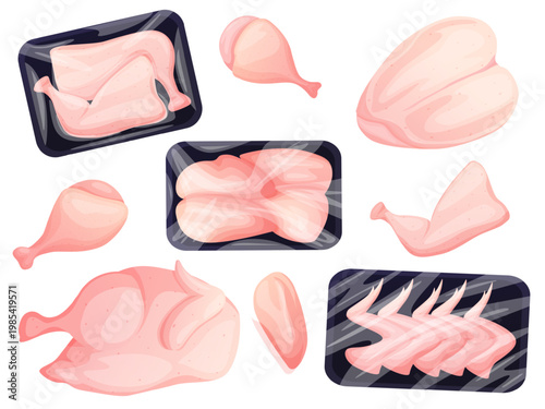 Chicken parts. Cartoon plastic trays with bird part, legs, wings, beast. Unpacking turkey for fresh market. Farm meat, healthy protein food, nowaday vector set