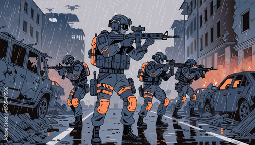 A group of soldiers in tactical gear advancing down a war-torn city street with destroyed vehicles and buildings.
