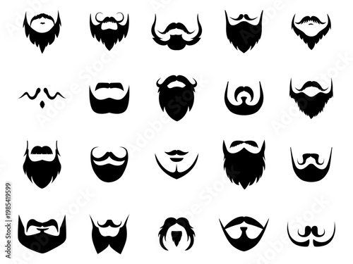 Black male mustache beards. Stylish men facial hairs design. Barber shop silhouettes templates. Different hairstyles for hipster, beard nowaday vector set