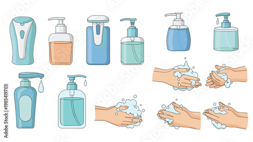 Hand hygiene and sanitation set includes various liquid soap dispensers and hand washing instructional diagrams for safety.