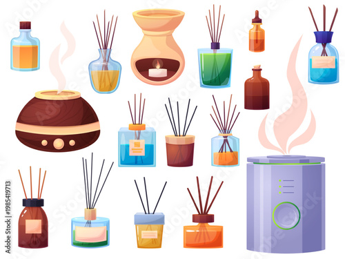 Aromatherapy elements. Different cartoon glass bottles with massage oil, perfumes with wooden sticks. Diffusers for relaxation, aroma lamp with candle, nowaday vector set