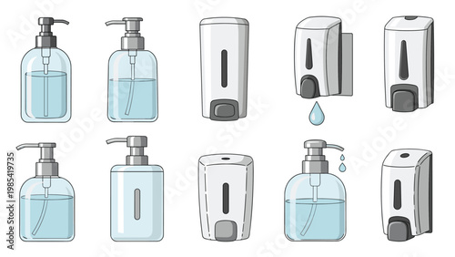 Soap and hand sanitizer dispenser collection showing various wall-mounted and bottle-pump designs for hygiene and cleaning.