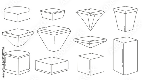 Geometric 3D shape diagrams in isometric perspective featuring technical line art of various cubes and containers for study.