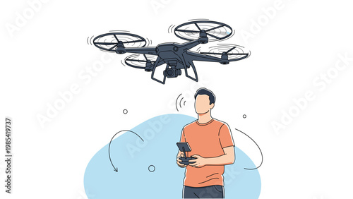 Remote control drone operator flying a quadcopter in the sky with signal icons and movement lines indicated for technology.