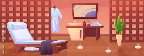 Massage room interior. Relax spa zone with cozy couch, candles and plant. Professional salon space for beauty and rest procedures, nowaday vector scene