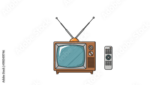 Retro television set with rabbit ear antennas and a remote control unit isolated on a clean white background for nostalgia.